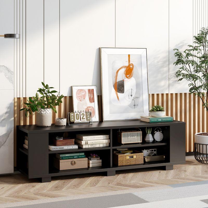 Black Engineered Wood TV Stand with Adjustable Shelves and Cabinets