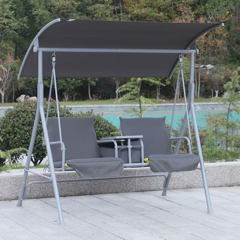 Gray Metal 2-Person Outdoor Swing with Canopy and Cushions