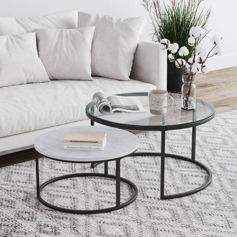 Nathan James Stella Nesting Coffee Tables Faux Carrara Marble Glass Black/White