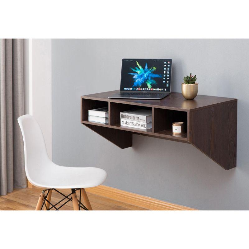 Brown Wall Mounted Wood Hanging Desk with Storage Compartments