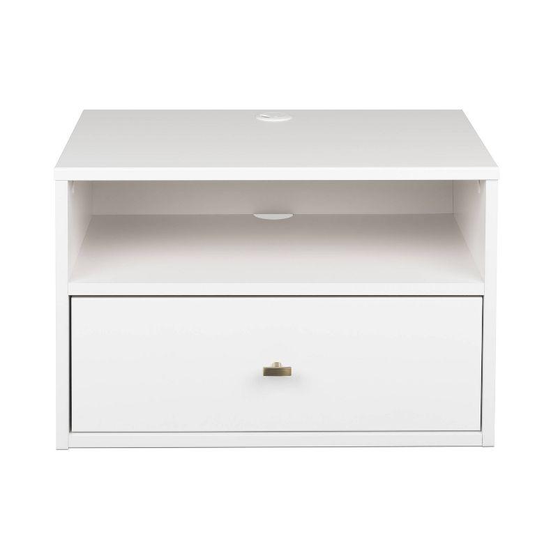 Sleek White Floating Nightstand with Drawer and Cord Management