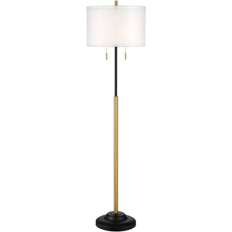 Possini Euro Design Roxie Modern Floor Lamp Standing 65 1/2" Tall Brass Black Metal Sheer Linen Double Drum Shade for Living Room Bedroom Office House