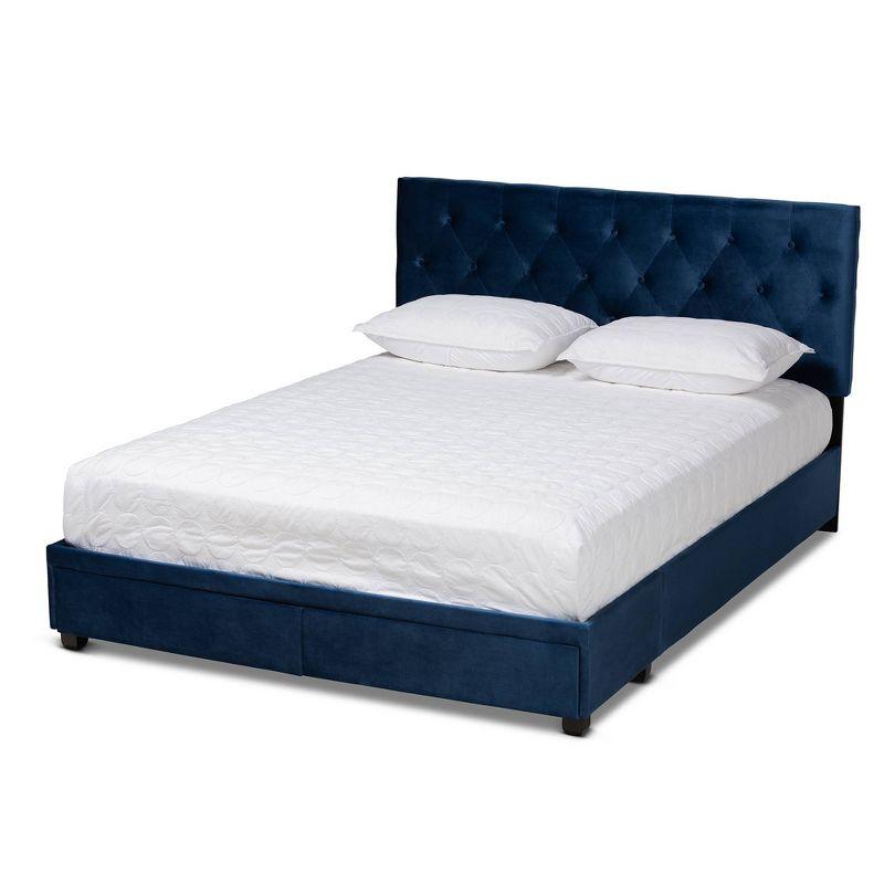 Navy Blue Velvet Queen Storage Bed with Tufted Headboard