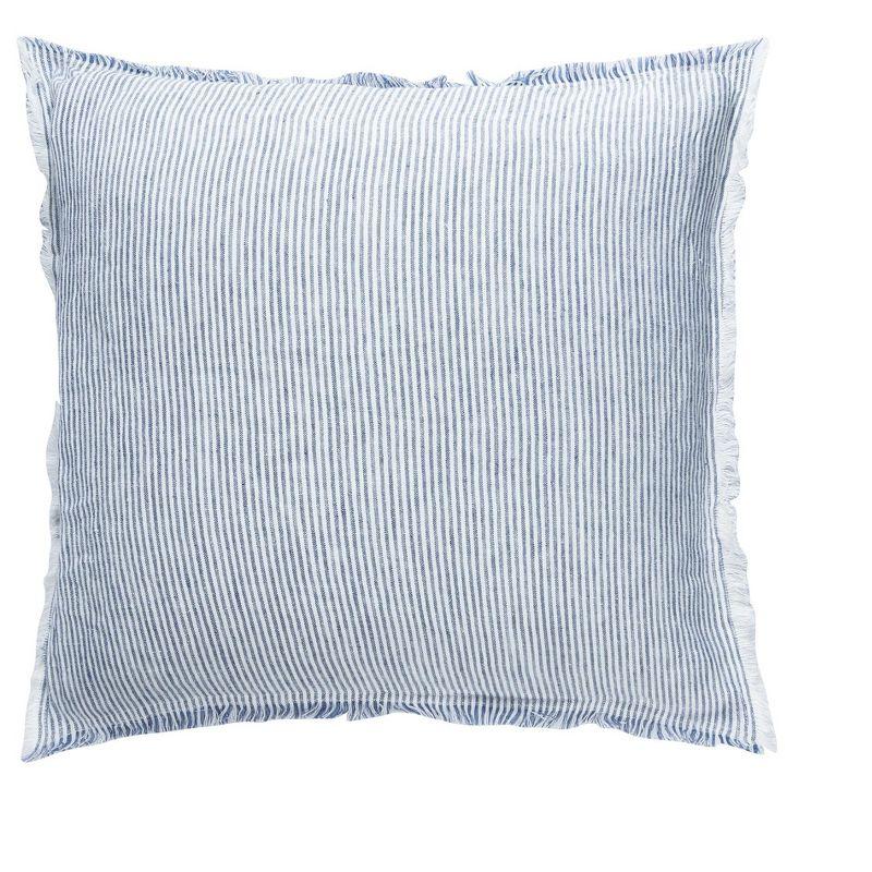 Blue Pinstripe Fringe Linen Pillow 26x26 Down Alternative Insert