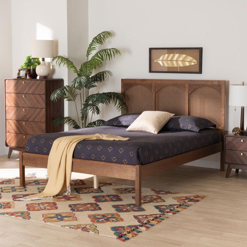 Queen Walnut Wood and Rattan Platform Bed with Headboard