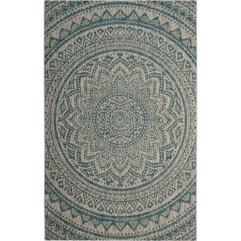 Courtyard CY8734 Power Loomed Indoor and Outdoor Area Rug - Light Grey/Teal - 4'x5'7" - Safavieh