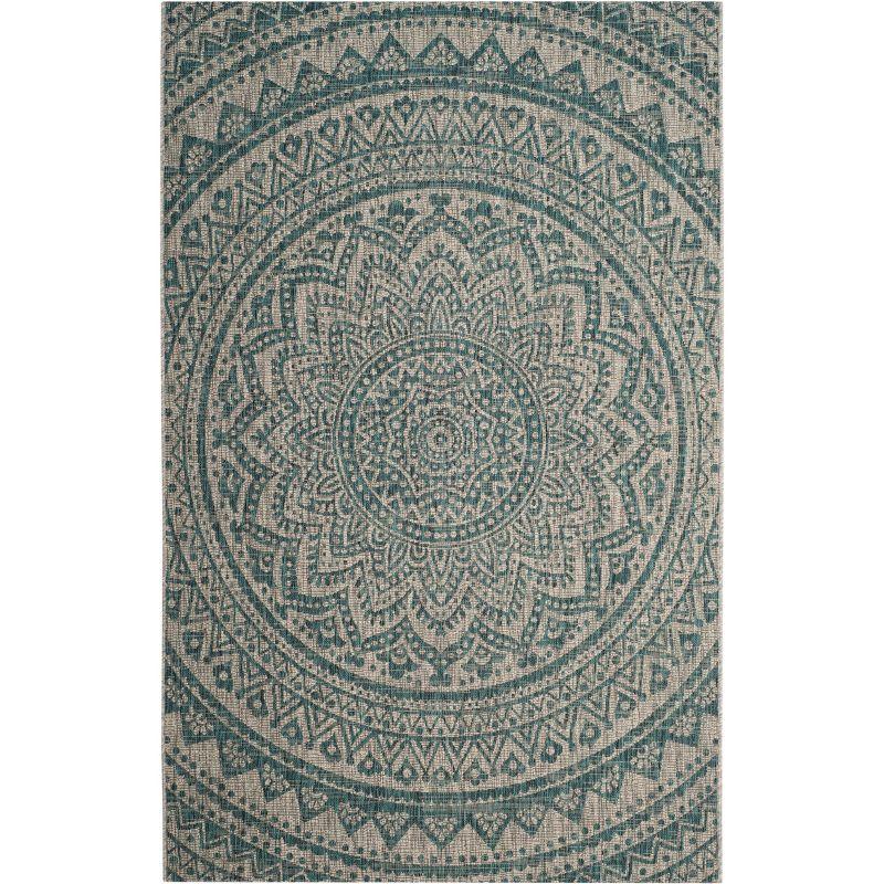 Light Grey and Teal Mandala Synthetic Indoor/Outdoor Rug