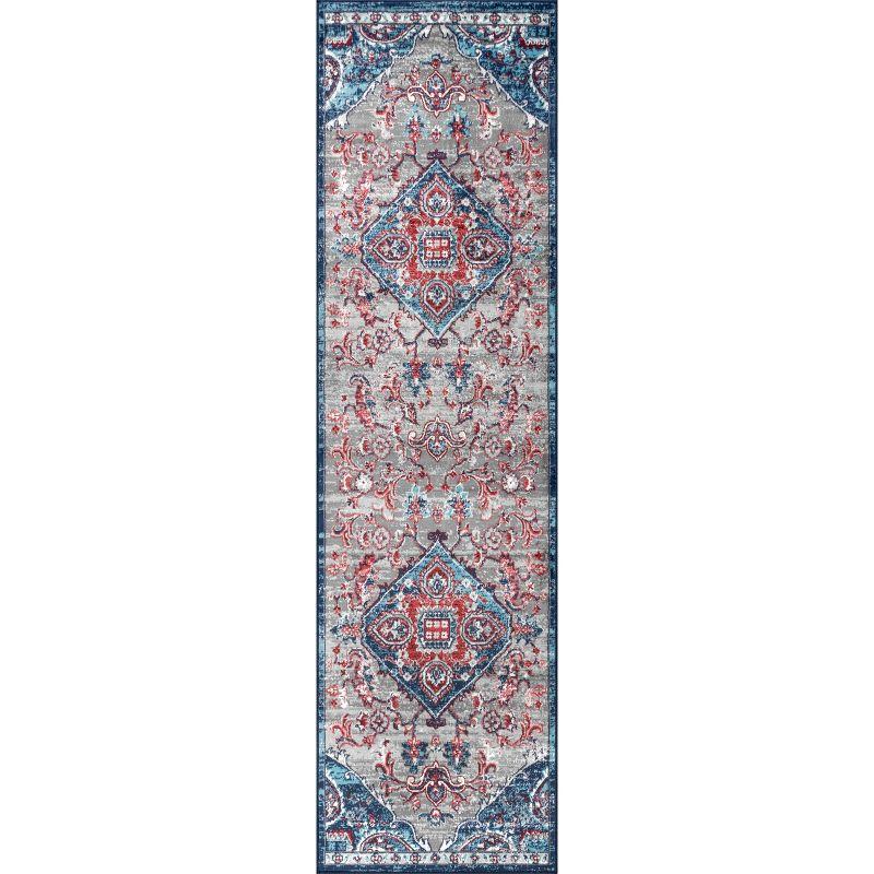 2'x8' Modern Persian Vintage Medallion Runner Rug, Red/Navy - JONATHAN Y