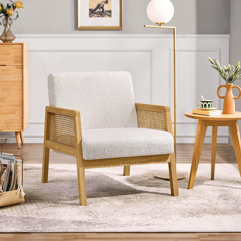 Yaheetech Fabric Upholstered Accent Chair with Rattan Armrest and Wood Legs