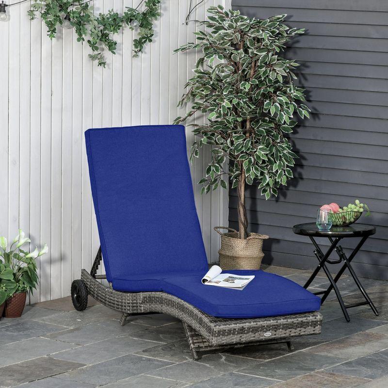 Outsunny Patio Wicker Chaise Lounge Chair, Outdoor PE Rattan Sun Lounger w/ 5-Level Adjustable Backrest & 2 Wheels for Easy Movement, Dark Blue