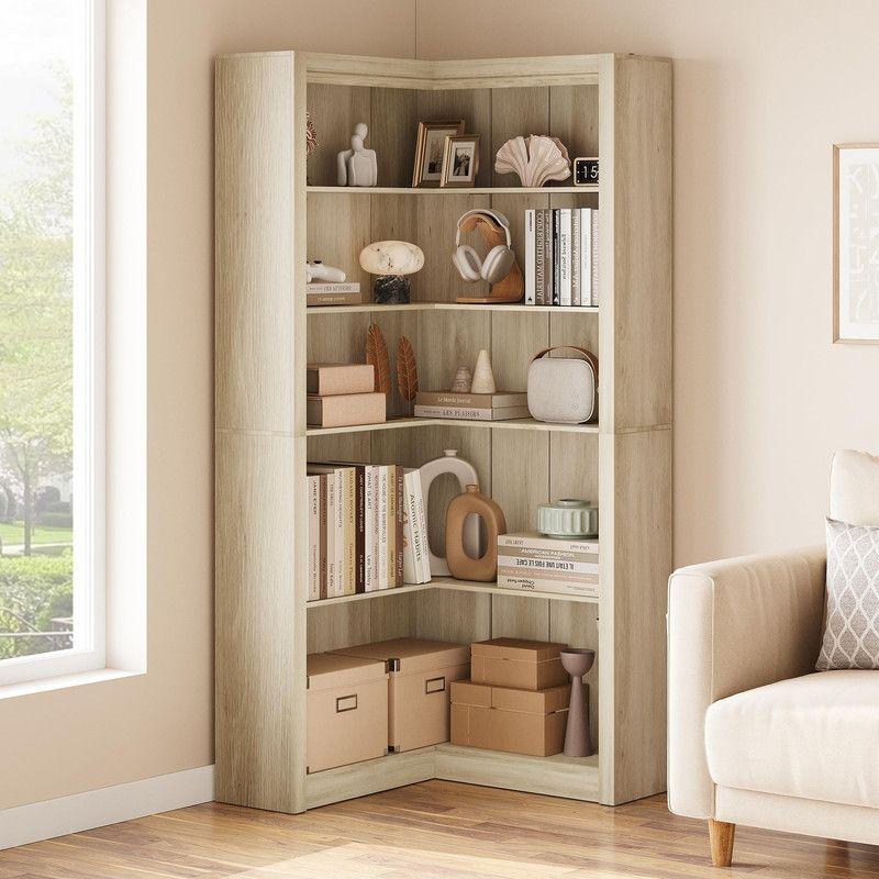 Farmhouse Corner Bookshelf, 71.8" L-Shaped Bookcase, 5-Tier Display Shelf with Storage for Living Room, Bedroom, Office