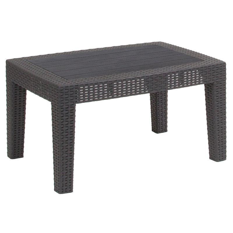 Dark Gray Faux Rattan Outdoor Coffee Table with Plank Top