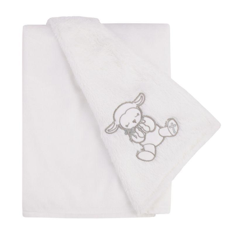 Little Love by NoJo Plush White Lamb Baptism Baby Blanket with Praying Hands and Embroidered Cross for Baptism or Christening Gifts