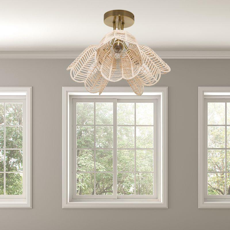 11.5" Meg Brushed Gold Metal Ceiling Light with Rattan Shade - River of Goods: Semi-Flush, 3-Light Fixture