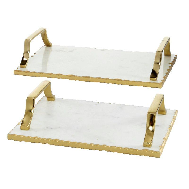 Set of 2 Rectangular Marble Tray with Metal Handles Gold - Olivia & May: Ceramic, Luxury Glam Decor