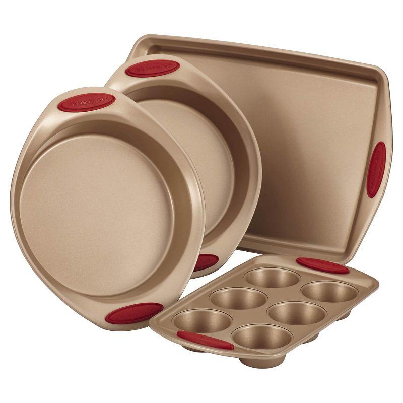 Latte Brown Nonstick Bakeware Set with Cranberry Red Grips, 4 Piece