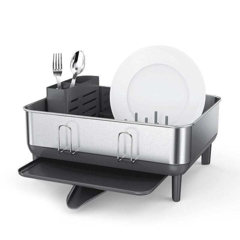 simplehuman Compact Kitchen Dish Drying Rack with Swivel Spout, Fingerprint-Proof Stainless Steel Frame