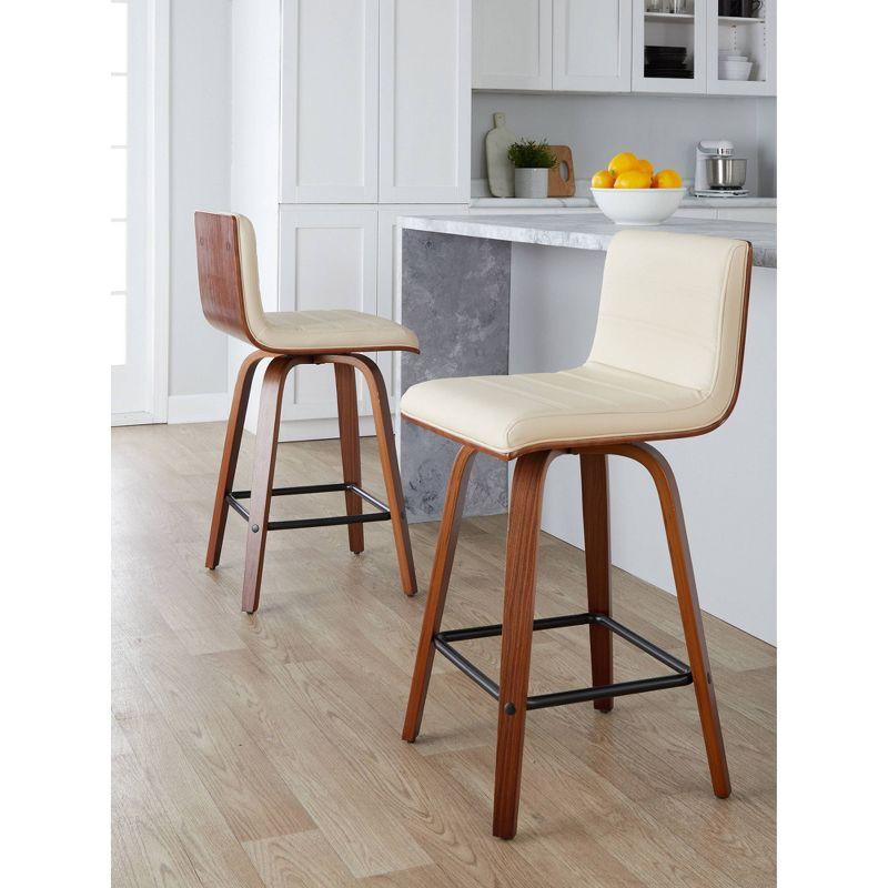 Cream Faux Leather Swivel Counter Stools with Walnut Wood