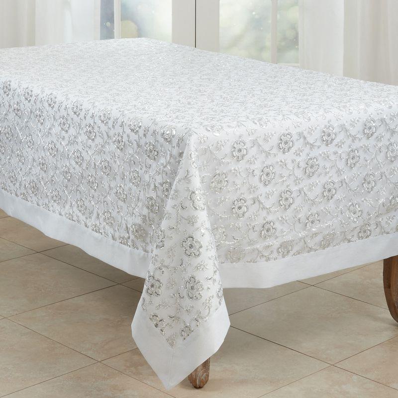 Elegant Floral Embroidered White Polyester 65" Square Tablecloth