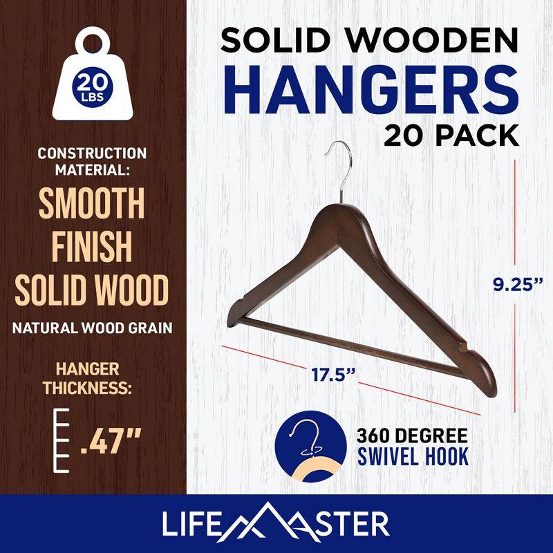 Lifemaster Solid Wooden Hangers for Clothes - Heavy Duty Suit Hanger Set with Chrome 360° Swivel Hook