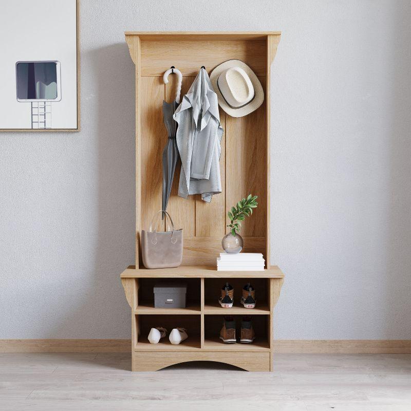 Merrick Lane Hallway Tree with Bench Seating, 3 Single Coat Hooks and Lower Storage with Adjustable Shelves in Weathered Wood