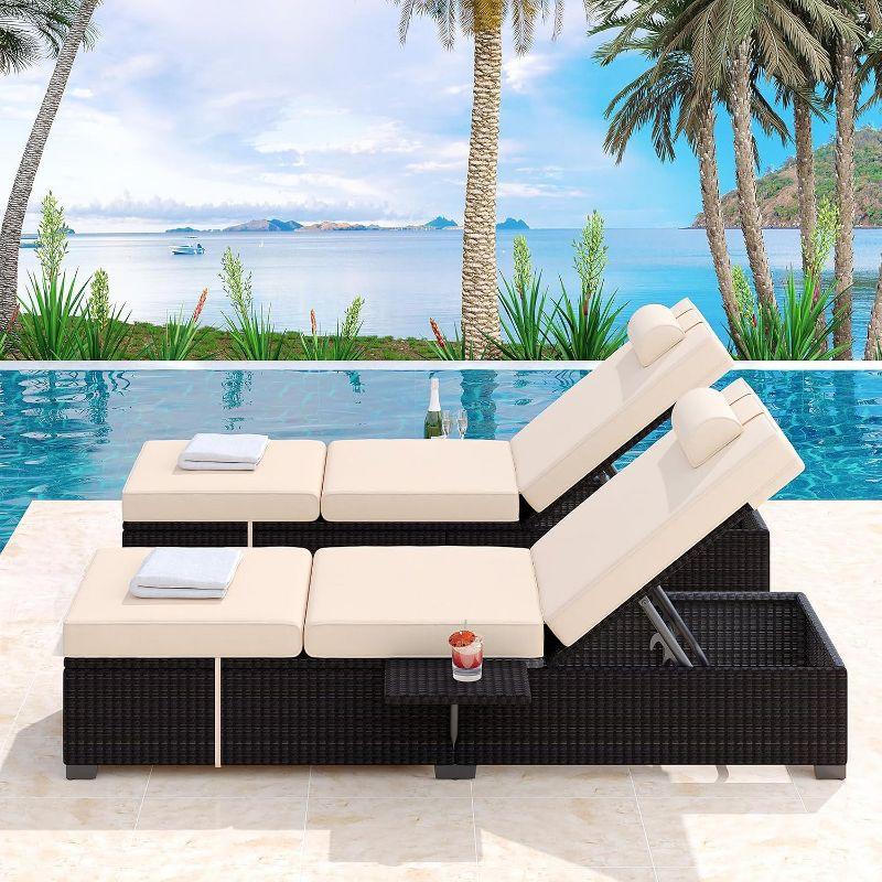 Lounge Chairs Outdoor Set of 2, PE Rattan Chaise Lounge Chair with 5-Position Adjustable Backrest for Patio Beach Pool Deck Backyard, Beige