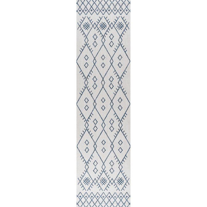 2'x10' Boho Moroccan Indoor/Outdoor Runner Rug, Ivory/Navy - JONATHAN Y