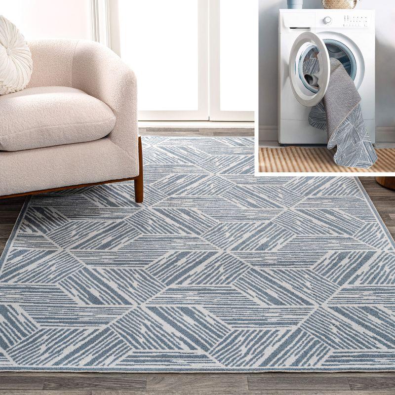 Blue and Cream Geometric Machine-Washable 4' x 6' Area Rug