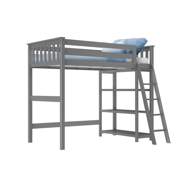 Max & Lily Solid Wood High Loft Bed,Twin Bed Frame For Kids With Bookcase and Ladder, Grey