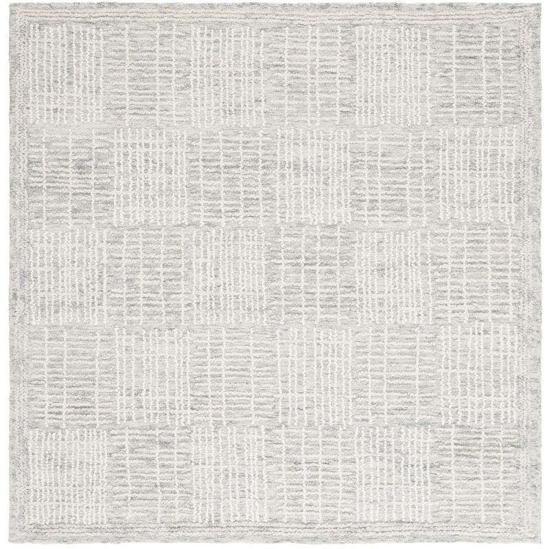 Grey and Ivory Handmade Wool Abstract Tufted Square Rug, 6' x 6'