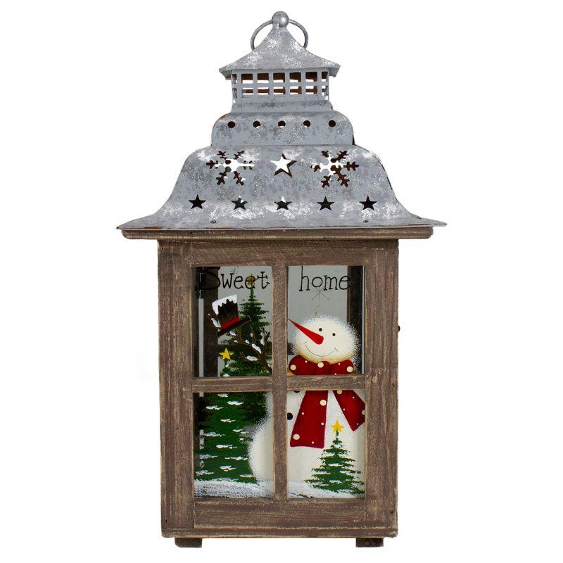 Rustic Wooden Snowman Christmas Lantern with Silver Roof, 16.5"