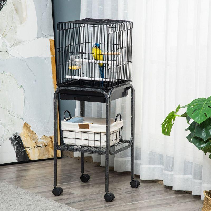 PawHut 44.5" Metal Indoor Bird Cage Starter Kit With Detachable Rolling Stand, Storage Basket, And Accessories - Black