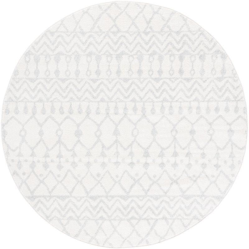 Ivory and Light Grey Hand-Knotted Round Synthetic Area Rug