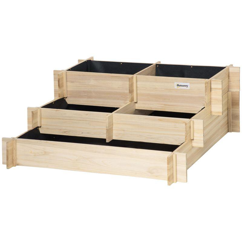 Outsunny Raised Garden Bed, 3 Tier, 5 compartments, Water Draining Fabric for Soil, Elevated Wood Flower Box for Vegetables, Herbs, Outdoor Plants