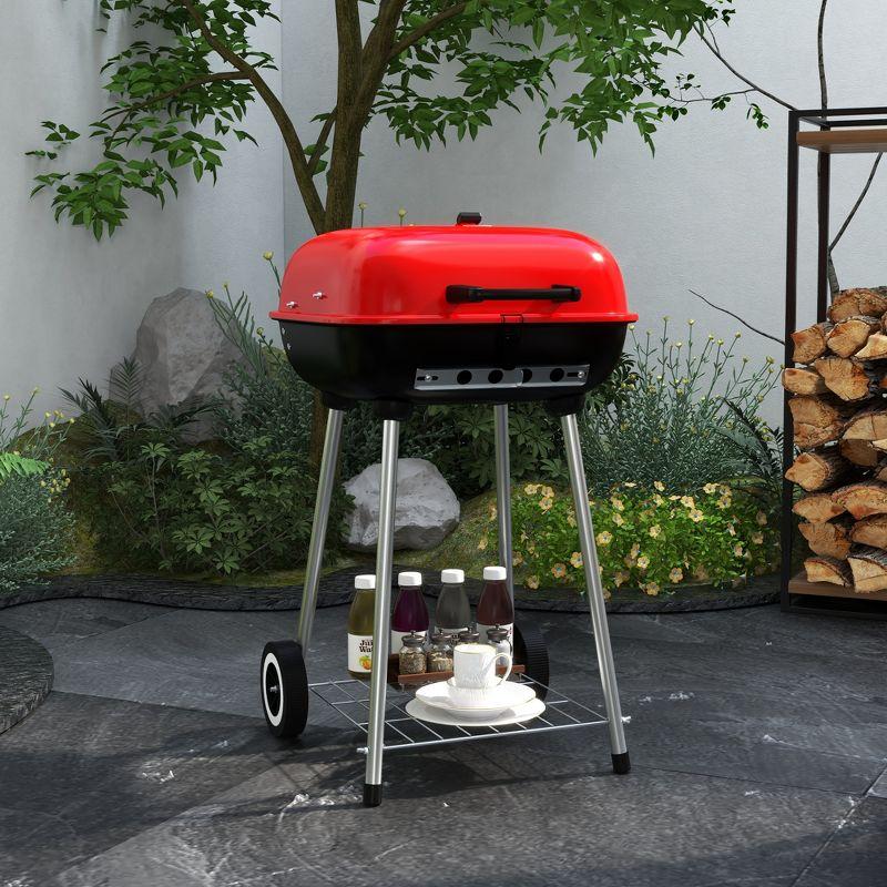 Outsunny 18" Portable Charcoal Grill with Wheels, Bottom Shelf and Adjustable Vents for Picnic, Camping, Backyard Cooking, Red