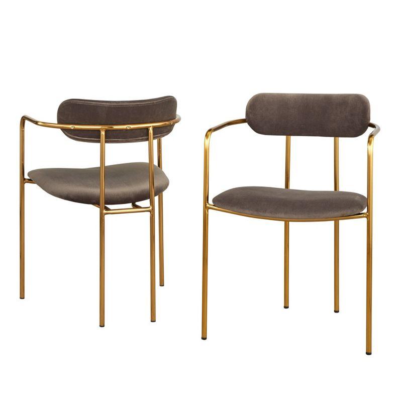 Buylateral Set of 2 Healey Retro Velvet Dining Armchairs Gray: Gold Tone Metal Frame, Mid-Century Modern Style
