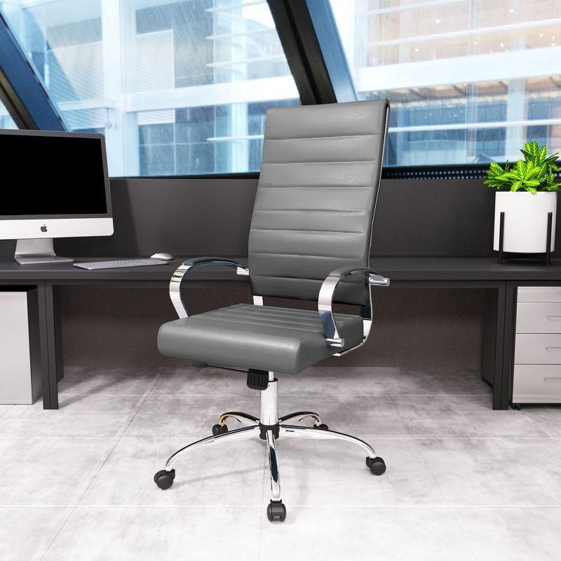 Luxury Gray Leather High-Back Swivel Office Chair with Metal Base