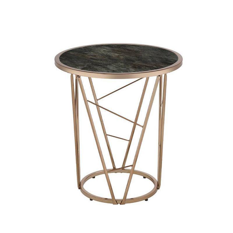 22" Cicatrix Accent Table Faux Black Marble Glass Top Champagne Finish - Acme Furniture: Round, No Assembly, Metal Frame