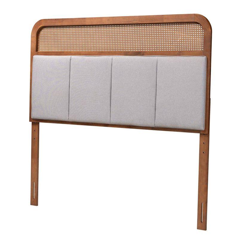 Baxton Studio King Esti Fabric and Wood Headboard with Rattan Light Gray/Ash Walnut: Mid-Century Design, 5 Adjustable Heights