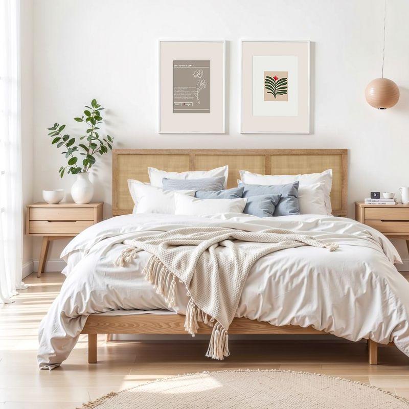 LuxenHome Natural Finish Rubberwood with Rattan Panels Headboard, Queen Brown