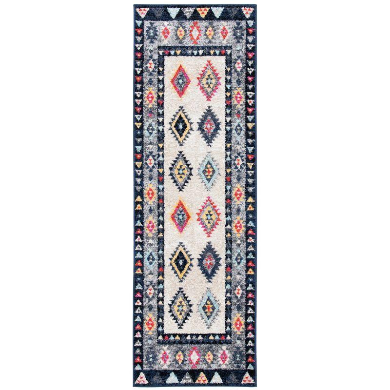 Ivory and Grey Boho Tribal Runner Rug with Multicolor Accents