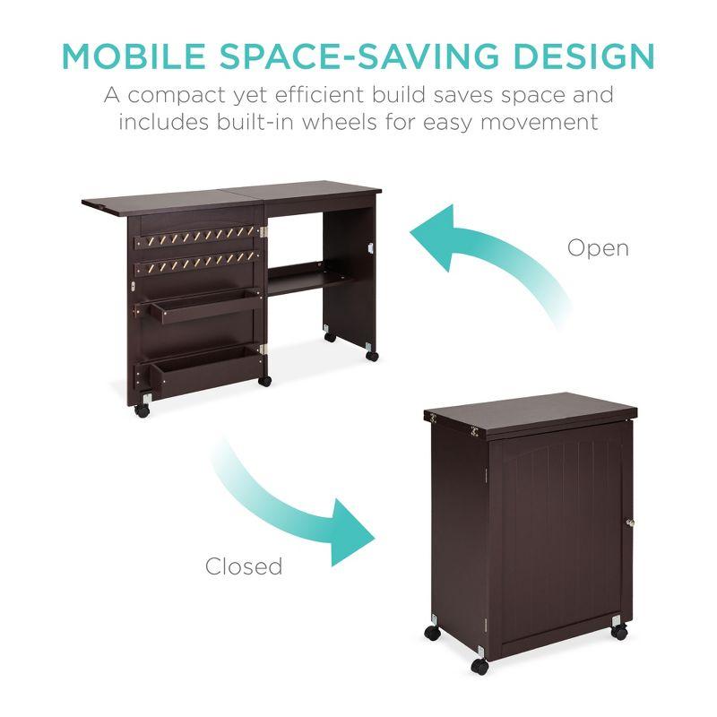 Espresso Compact Folding Sewing Table with Storage and Wheels