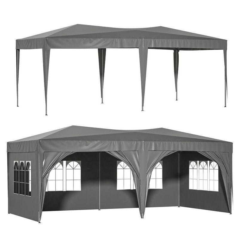 10x20in Pop Up Canopy, Canopy Tent With 6 Removable Sidewalls & Sand Bags & Pull Ropes, 12 Ground Stakes, Carry Bag, Gray