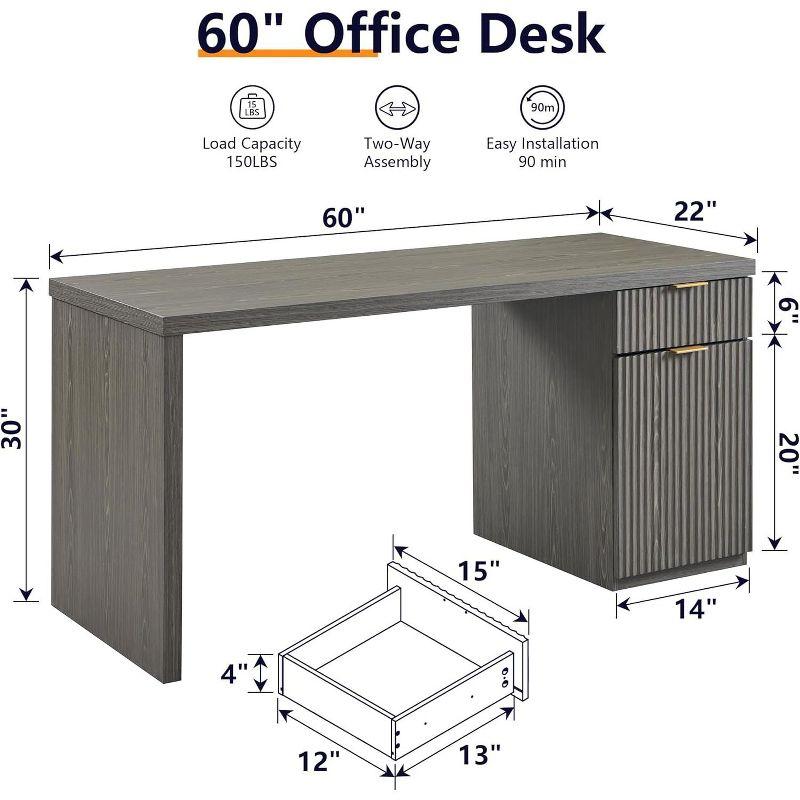 60" Modern Desk with Drawer & Cabinet, Fluted Computer Writing Desk for Living Room, Bedroom, Gray