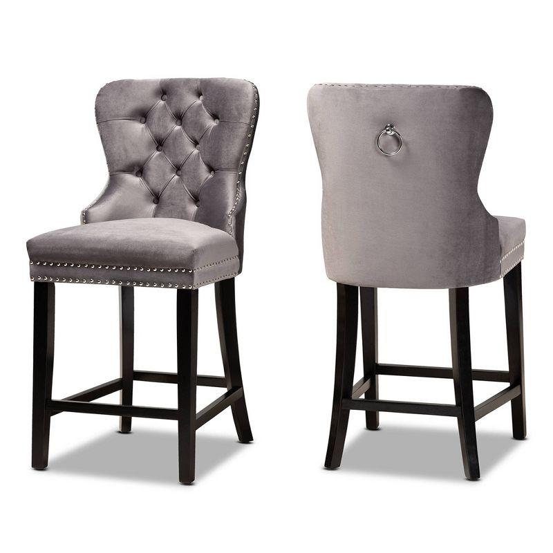 2pc Howell Modern Velvet Upholstered Wood Counter Height Barstool Set Gray/Brown - Baxton Studio: Polyester, Fixed Height