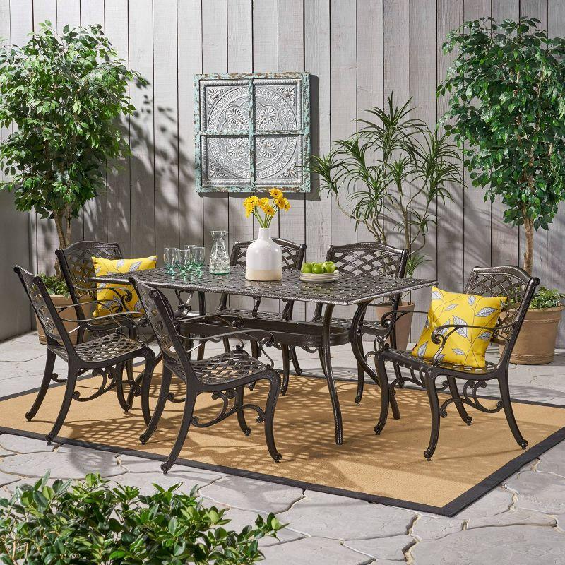 Hallandale Sarasota 7pc Cast Aluminum Dining Set - Hammered Bronze - Christopher Knight Home: Weather-Resistant, 6 Arm Chairs