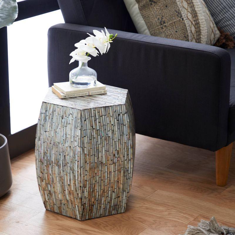 Wrought Studio™ Alissa Mother of Pearl Shell Handmade Shell Mosaic Hexagon Side End Gray Accent Table with Brown Accents