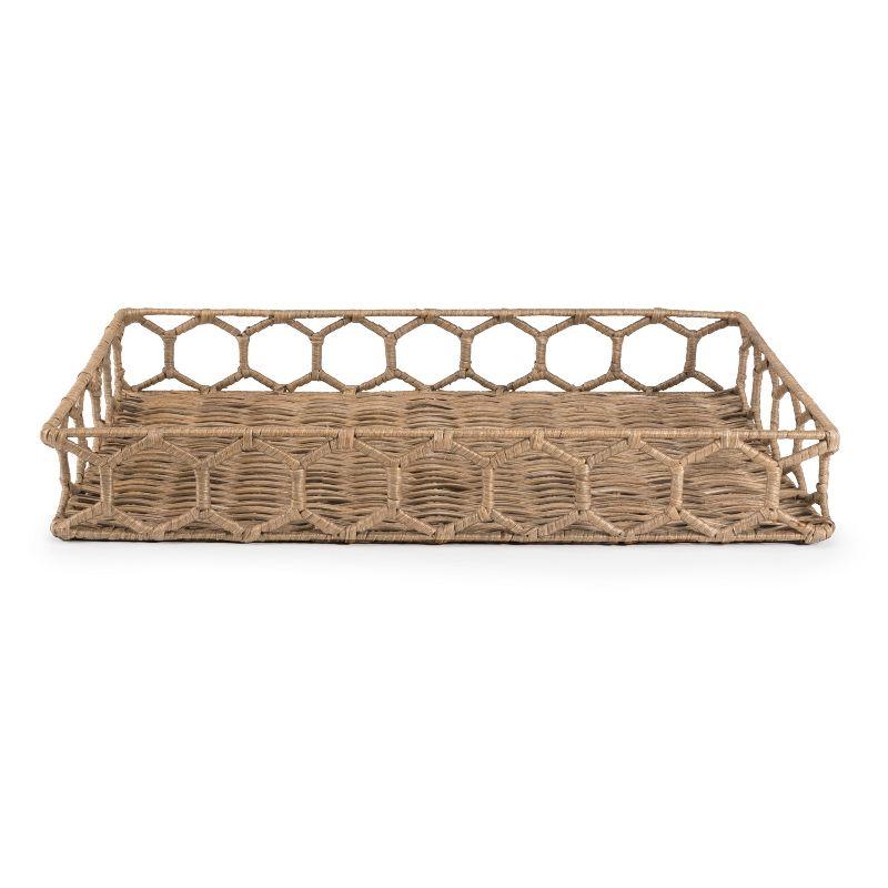 happimess Honeycomb 19.75" Rustic Bohemian Hand-Woven Rattan Tray, Natural