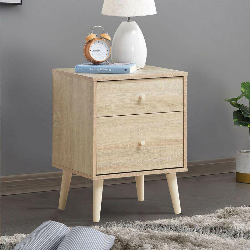 Costway Nightstand 2-Drawer Beside End Side Table w/Rubber Legs Oak Finish
