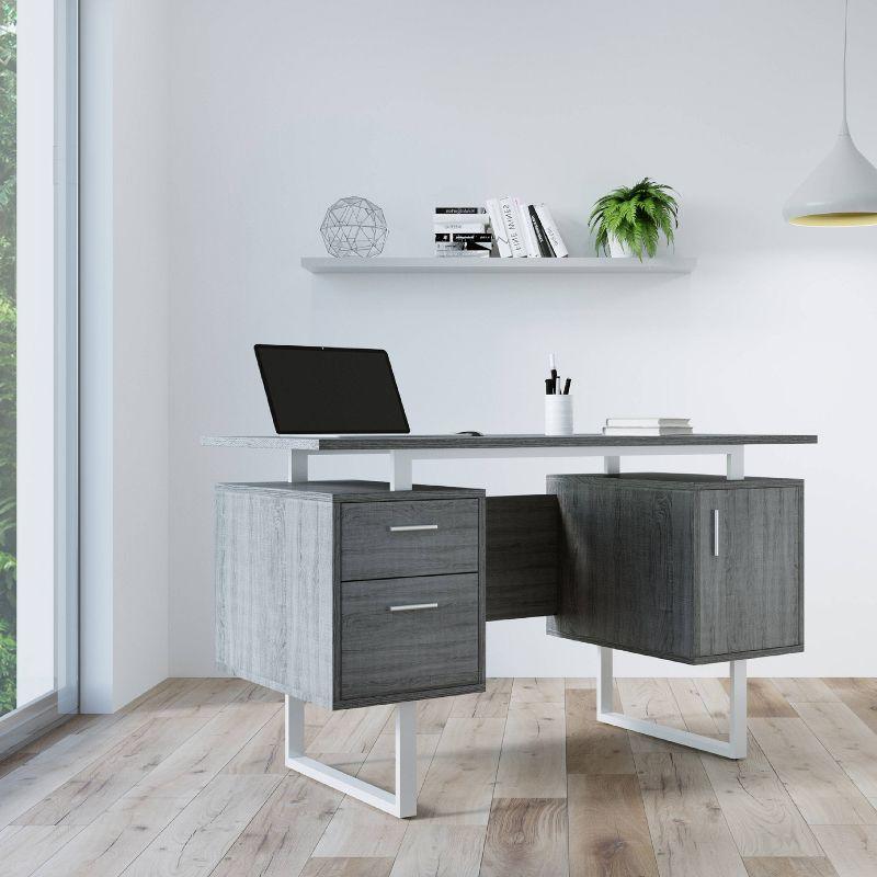 Modern Office Desk with Storage Gray - Techni Mobili: Sleek Metal Legs, File Cabinet, Floating Top